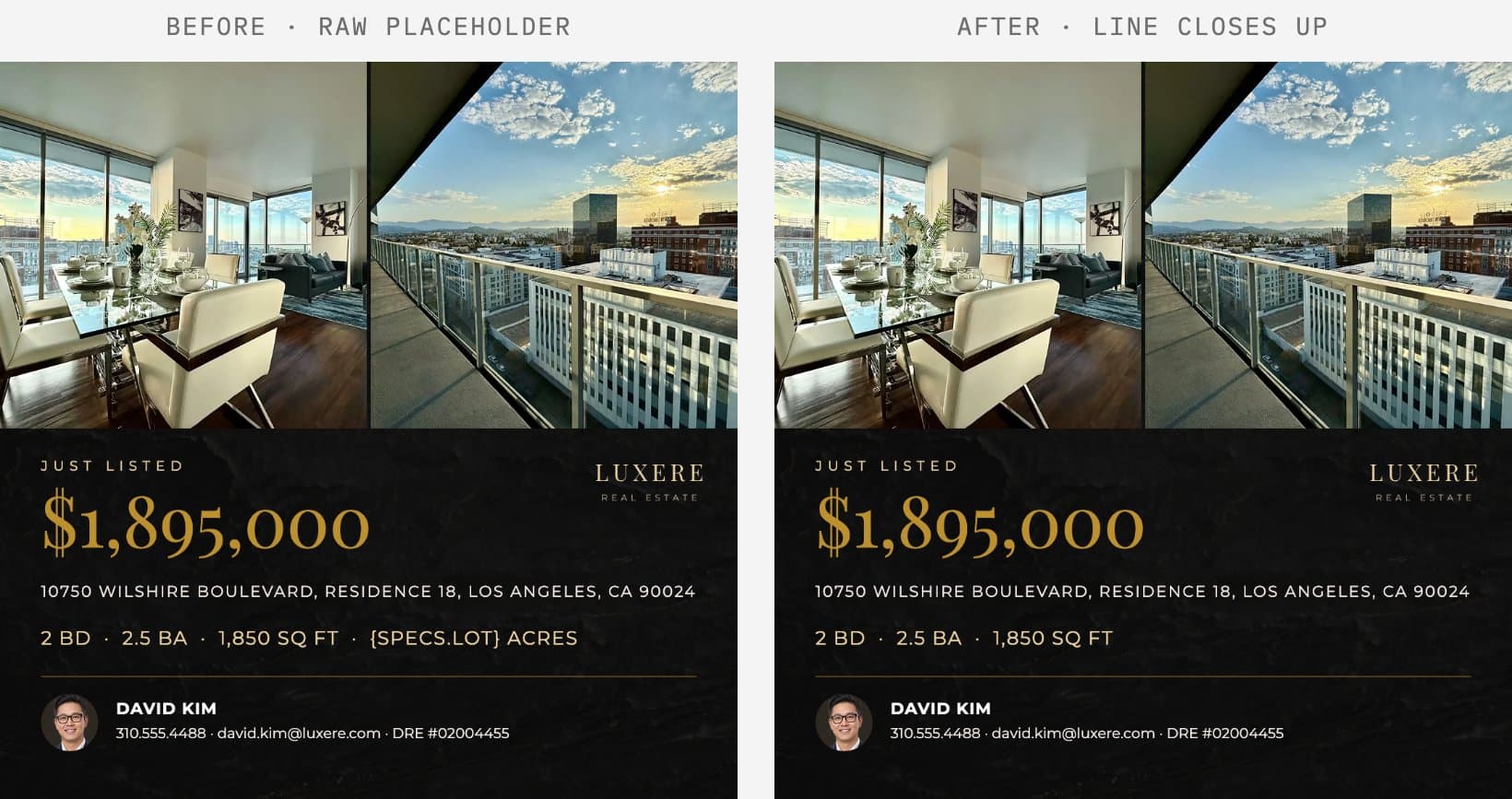 Before: the raw placeholder printed on the flyer. After: the line reads cleanly without the missing detail