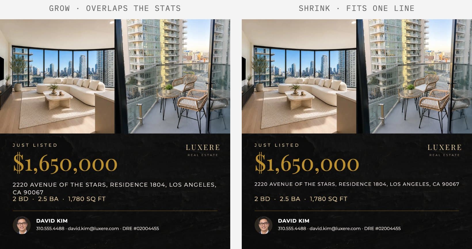 The same template with a long address. With Grow, the address wraps and crowds the stats line. With Shrink to fit, it stays on one line in the designer's layout