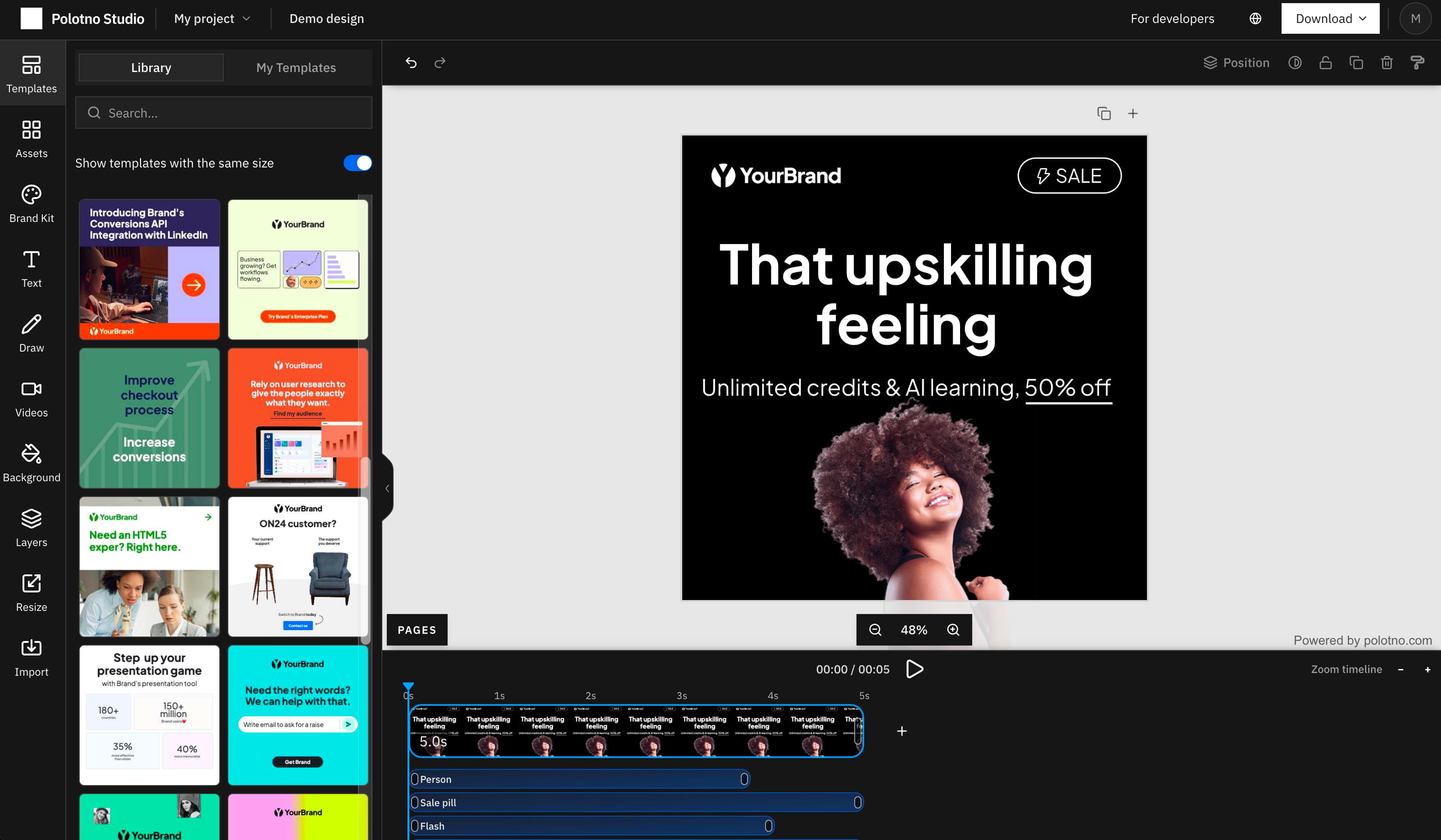 The Polotno Studio canvas editor with dynamic template layers marked for automation