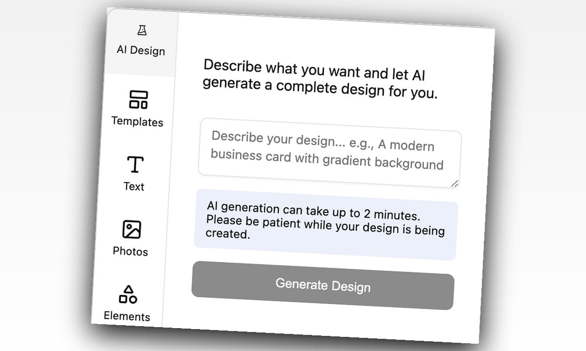 An AI design generation panel inside the Polotno editor