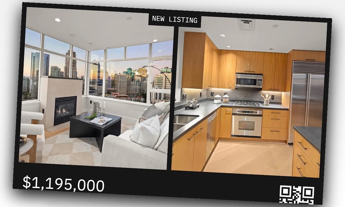 A real-estate listing flyer with property photos and price