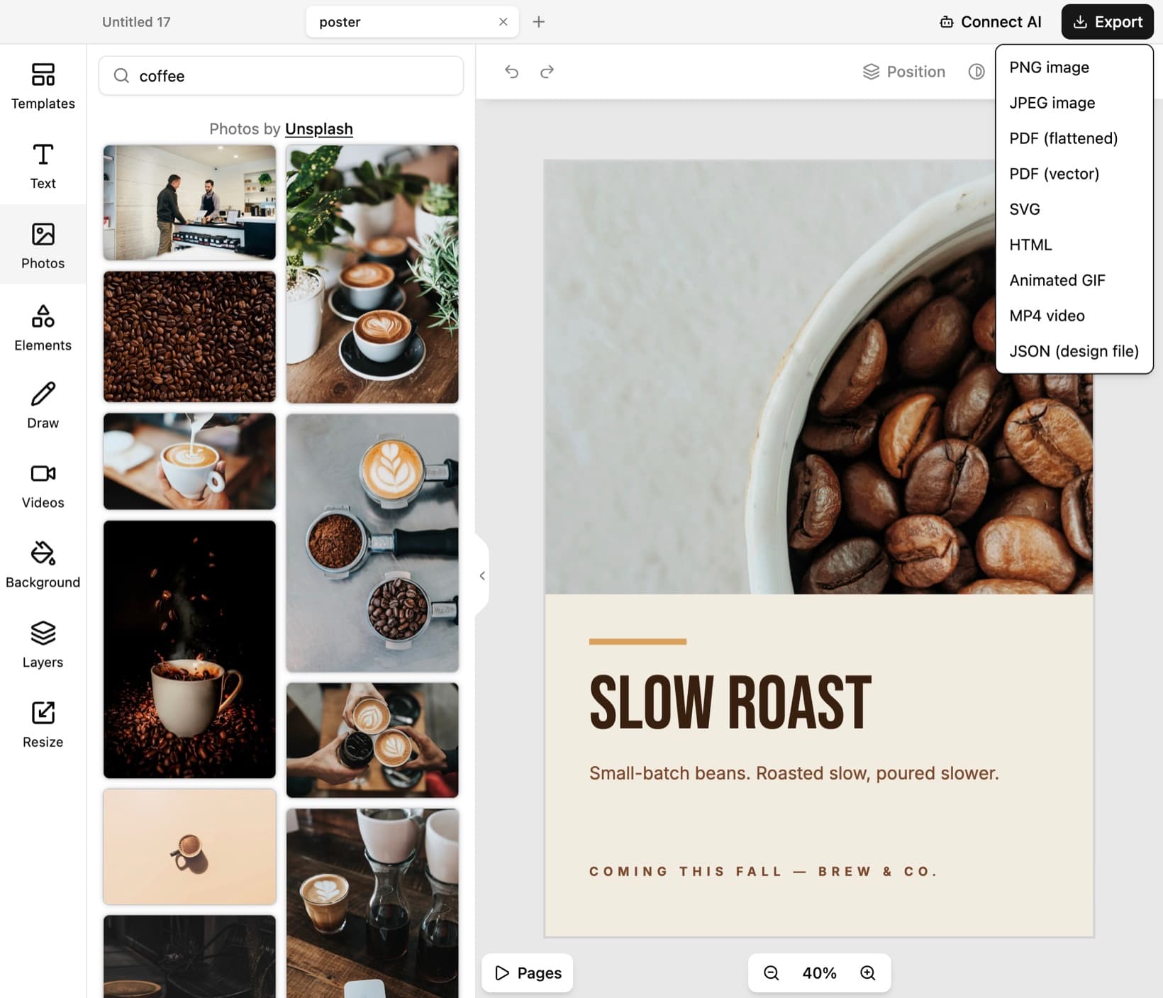 Export menu with PNG, JPEG, PDF, SVG, GIF, MP4, and JSON options