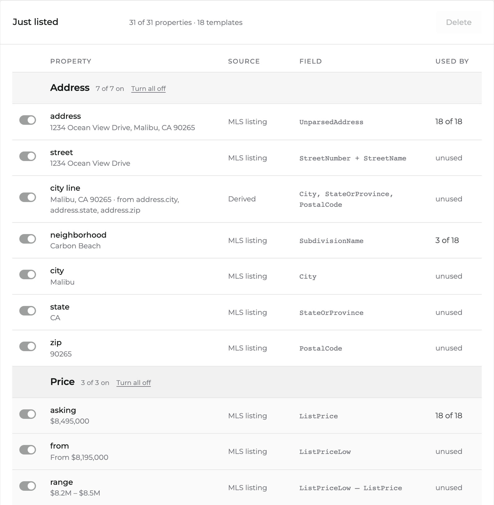 The Data tab, listing each available field with the MLS field it maps to and a count of how many templates use it