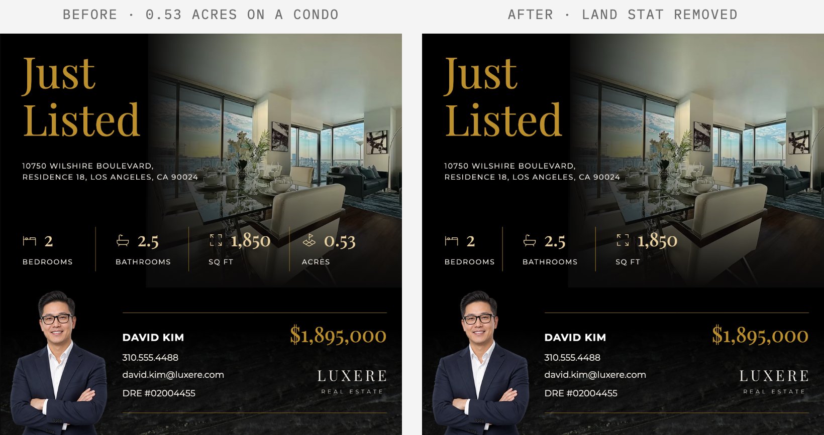 Before and after: an apartment post advertising half an acre of land it does not have, then the same post with the land stat gone and the row closed up