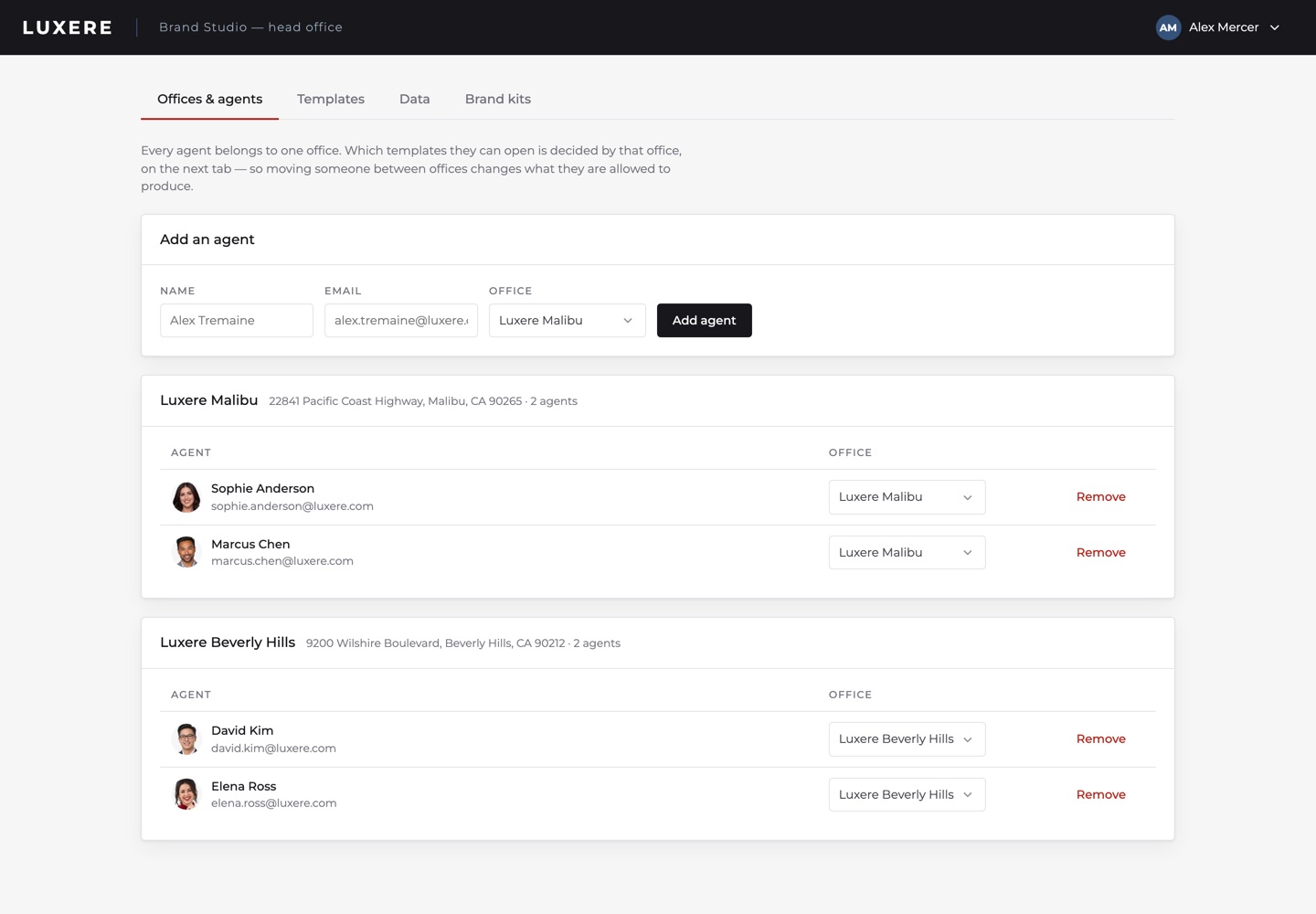 The offices and agents tab, showing both Luxere offices and the agents in each