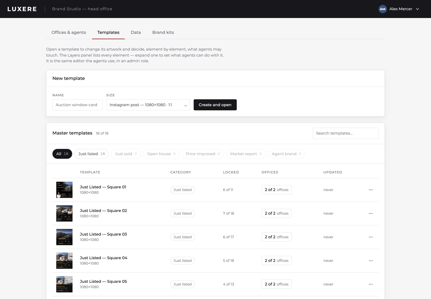 The head office template library, listing eighteen master templates with their locked-element counts and office access