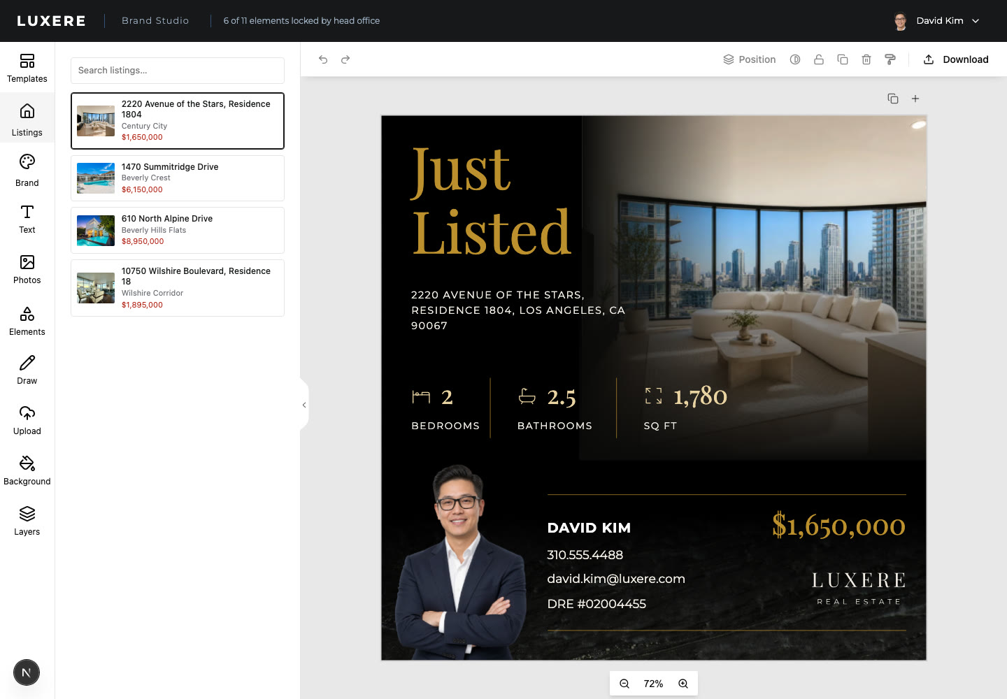 An agent's view: the listing picker on the left, finished artwork on the right, and a header reading six of eleven elements locked by head office