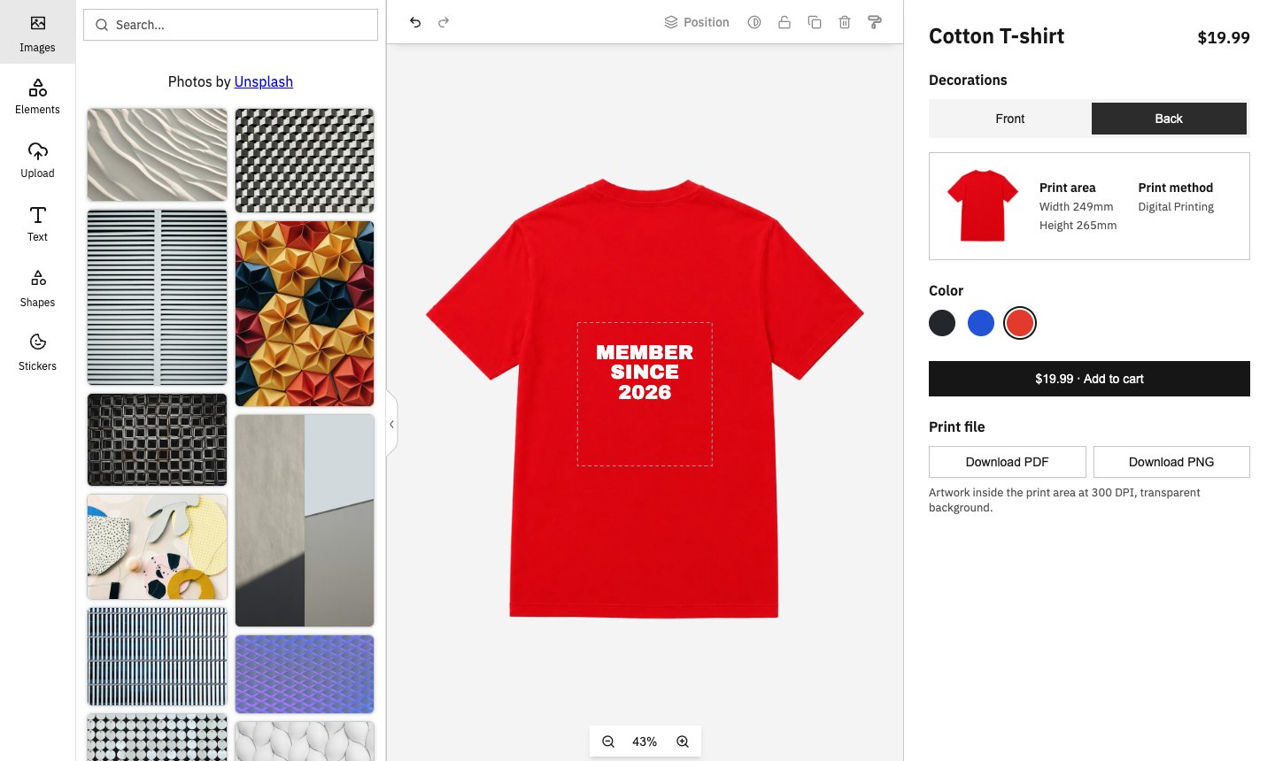 The back of a red shirt carrying its own MEMBER SINCE 2026 artwork, with Back selected in the product panel