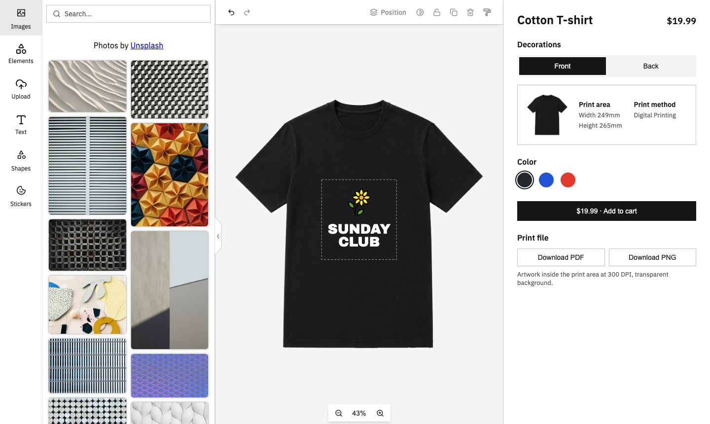 The customizer with a sunflower and a SUNDAY CLUB wordmark inside the print area on the front of a black shirt, and the product panel on the right