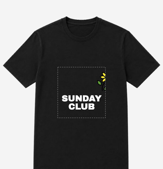 The sunflower dragged half over the right edge of the print area, with the half outside the line hidden behind the shirt
