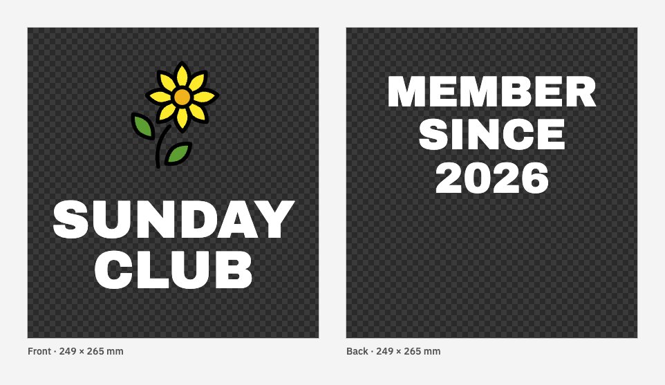 The print file for the shirt above: the front and back artwork on transparent 249 by 265 mm pages