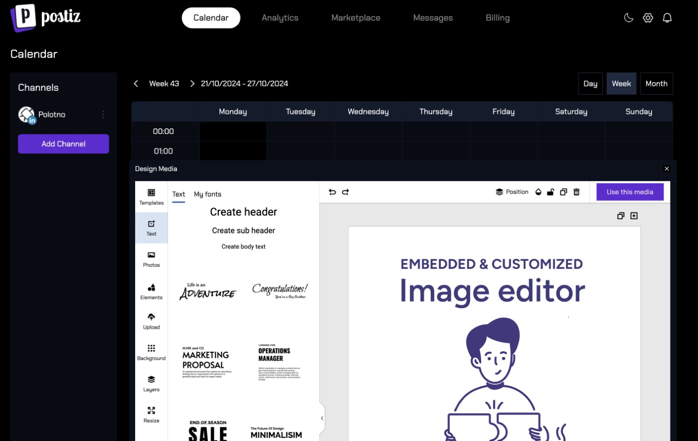 Postiz's calendar with the embedded Polotno image editor open